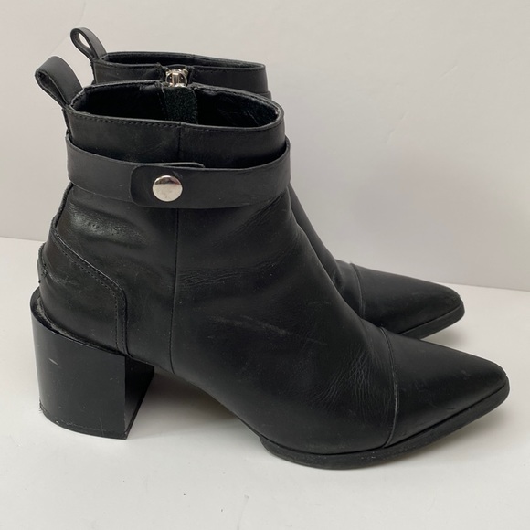 Zara Ankle Boots Women US 7.5 EU 38 Black Pointy Toe Block Heel Strap Moto Biker - Picture 2 of 16